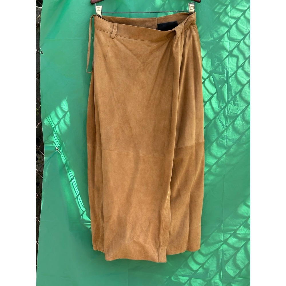Dennis Basso Faux Suede Wrap Skirt Tan Size L Midi Beltedβ